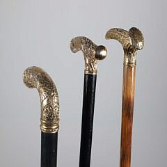 Three Antique Repousse Gold Filled Handle Canes, 19th Century
