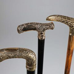 Three Antique Repousse Gold Filled Handle Canes, 19th Century
