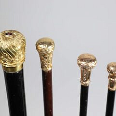Collection of Four Antique Gold Filled Knob Grip Walking Sticks, 19th Century