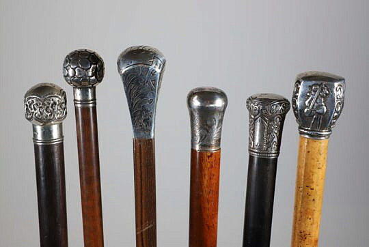 Six Sterling Silver Filled Handle Walking Sticks, 19th Century