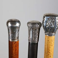 Six Repousse Sterling Silver Knob Grip Walking Sticks, 19th Century
