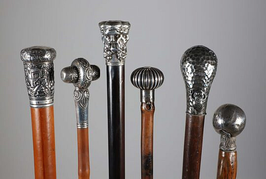 Six Sterling Silver Filled Handle Walking Sticks, 19th Century