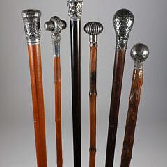 Six Sterling Silver Filled Handle Grip Walking Sticks, 19th Century