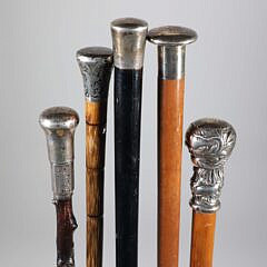 Five Sterling Silver Handled Walking Sticks, 19th Century