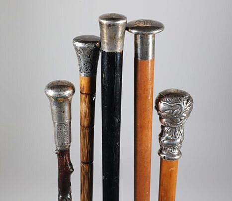 Five Sterling Silver Handled Walking Sticks, 19th Century