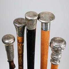 Five Sterling Silver Knob Handled Walking Sticks, 19th Century
