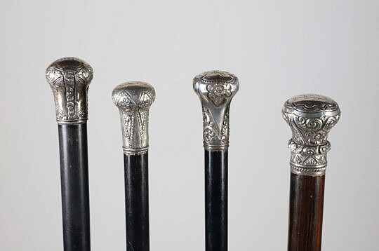Four Silver Knob Presentation Walking Sticks, 19th Century