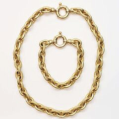 Vintage Italian 18K Yellow Gold Textured and Smooth Chain Link Necklace and Bracelet Set