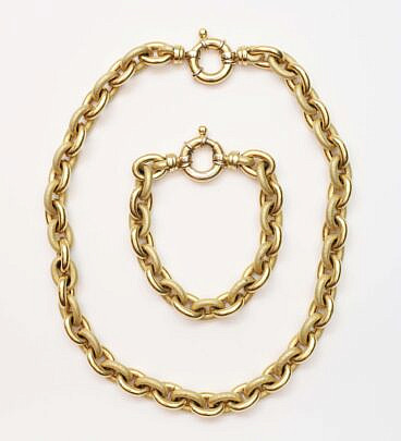 Vintage Italian 18K Yellow Gold Textured and Smooth Chain Link Necklace and Bracelet Set