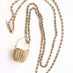 14K Yellow Gold Miniature Nantucket Basket Pendant By American Scrimshaw on 14k Yellow Gold Rope Chain
