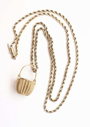 14K Yellow Gold Miniature Nantucket Basket Pendant By American Scrimshaw on 14k Yellow Gold Rope Chain