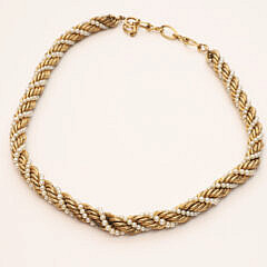 Vintage 18K Gold Filled Twisted Rope Chain Necklace with Intertwined Faux Seed Pearls