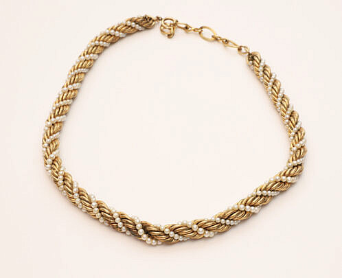 Vintage 18K Gold Filled Twisted Rope Chain Necklace with Intertwined Faux Seed Pearls