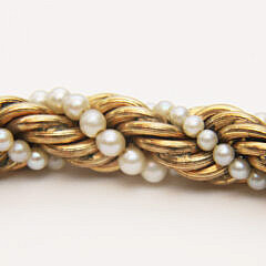 Vintage 18K Gold Filled Twisted Rope Chain Necklace with Intertwined Faux Seed Pearls