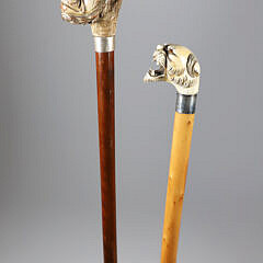 Two Sticks: Carved Monkey’s Head and a Growling Tiger Walking Sticks, 19th Century