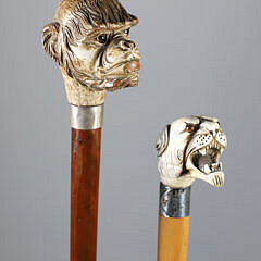 Two Sticks: Carved Monkey’s Head and a Growling Tiger Walking Sticks, 19th Century