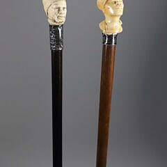 Two Carved Gentlemen Portrait Grip Walking Sticks, 19th Century