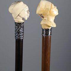Two Carved Gentlemen Portrait Grip Walking Sticks, 19th Century