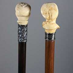Two Carved Gentlemen Portrait Grip Walking Sticks, 19th Century