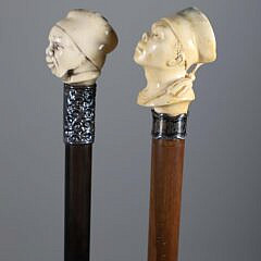 Two Carved Gentlemen Portrait Grip Walking Sticks, 19th Century