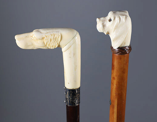 Two Carved Dog Head Canes, 19th Century