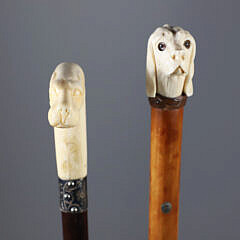 Two Carved Hound Dog Head Canes, 19th Century
