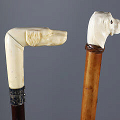 Two Carved Hound Dog Head Canes, 19th Century