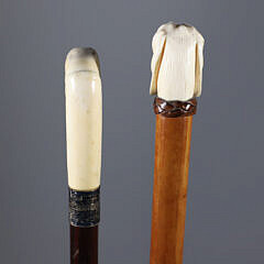 Two Carved Hound Dog Head Canes, 19th Century