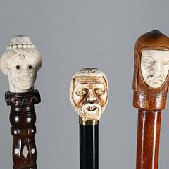 Group of Three Carved Bust of Gentleman Walking Sticks, 19th Century