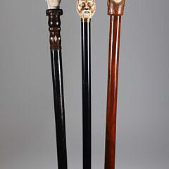 Group of Three Carved Ethnic Gentlemen Bust Grip Walking Sticks, 19th Century