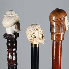 Group of Three Carved Ethnic Gentlemen Bust Grip Walking Sticks, 19th Century