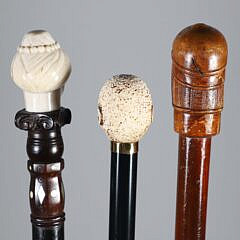 Group of Three Carved Ethnic Gentlemen Bust Grip Walking Sticks, 19th Century