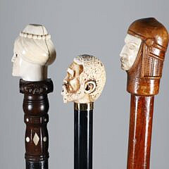 Group of Three Carved Ethnic Gentlemen Bust Grip Walking Sticks, 19th Century