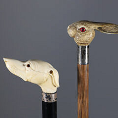 Two Carved Dog and a Rabbit Grip Walking Sticks, 19th Century