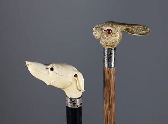 Two Carved Dog and a Rabbit Grip Walking Sticks, 19th Century