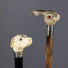 Two Sticks: Carved Dachshund’s Head and a Rabbit Grip Walking Sticks, 19th Century