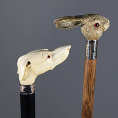 Two Sticks: Carved Dachshund’s Head and a Rabbit Grip Walking Sticks, 19th Century