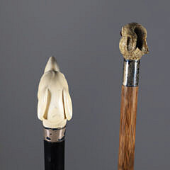 Two Sticks: Carved Dachshund’s Head and a Rabbit Grip Walking Sticks, 19th Century
