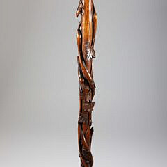 Vintage Folk Art Carved Wood Melon Grip Cane with Serpent, Frog, Bird, Mouse, Butterfly, Grape and Leaf Carved Shaft