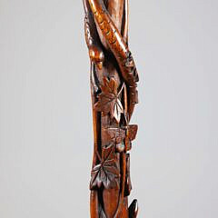 Vintage Folk Art Carved Wood Melon Grip Cane with Serpent, Frog, Bird, Mouse, Butterfly, Grape and Leaf Carved Shaft