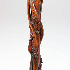 Vintage Folk Art Carved Wood Melon Grip Cane with Serpent, Frog, Bird, Mouse, Butterfly, Grape and Leaf Carved Shaft