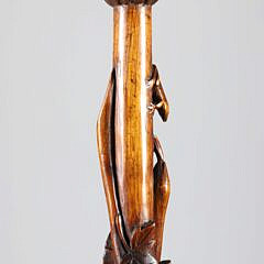 Vintage Folk Art Carved Wood Melon Grip Cane with Serpent, Frog, Bird, Mouse, Butterfly, Grape and Leaf Carved Shaft