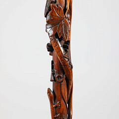 Vintage Folk Art Carved Wood Melon Grip Cane with Serpent, Frog, Bird, Mouse, Butterfly, Grape and Leaf Carved Shaft