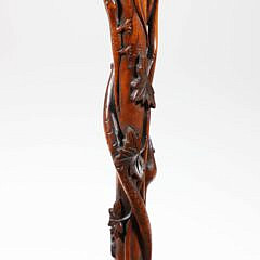 Vintage Folk Art Carved Wood Melon Grip Cane with Serpent, Frog, Bird, Mouse, Butterfly, Grape and Leaf Carved Shaft