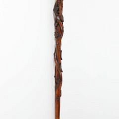 Vintage Folk Art Carved Wood Melon Grip Cane with Serpent, Frog, Bird, Mouse, Butterfly, Grape and Leaf Carved Shaft