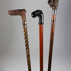 Group of Three Vintage Mechanical Animal Grip Wood Walking Sticks