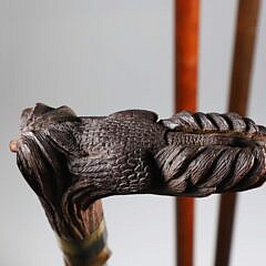 Group of Three Vintage Mechanical Animal Grip Wood Walking Sticks
