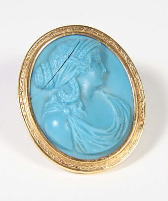 Blue Hardstone Intaglio Brooch Portrait of a Roman Woman Set in Yellow Gold