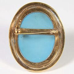 Blue Hardstone Intaglio Brooch Portrait of a Roman Woman Set in Yellow Gold