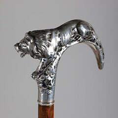 Sterling Silver Repousse Lion C-Grip Cane, 19th Century